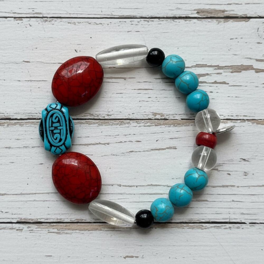 Turquoise Blue Bronze Handmade Glass Bracelet Stretchy Mixed Media